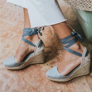 Alohas Clara By Day‎ Grey Canvas Espadrille Ankle Strap Wedge Heels Shoes 40 / 9